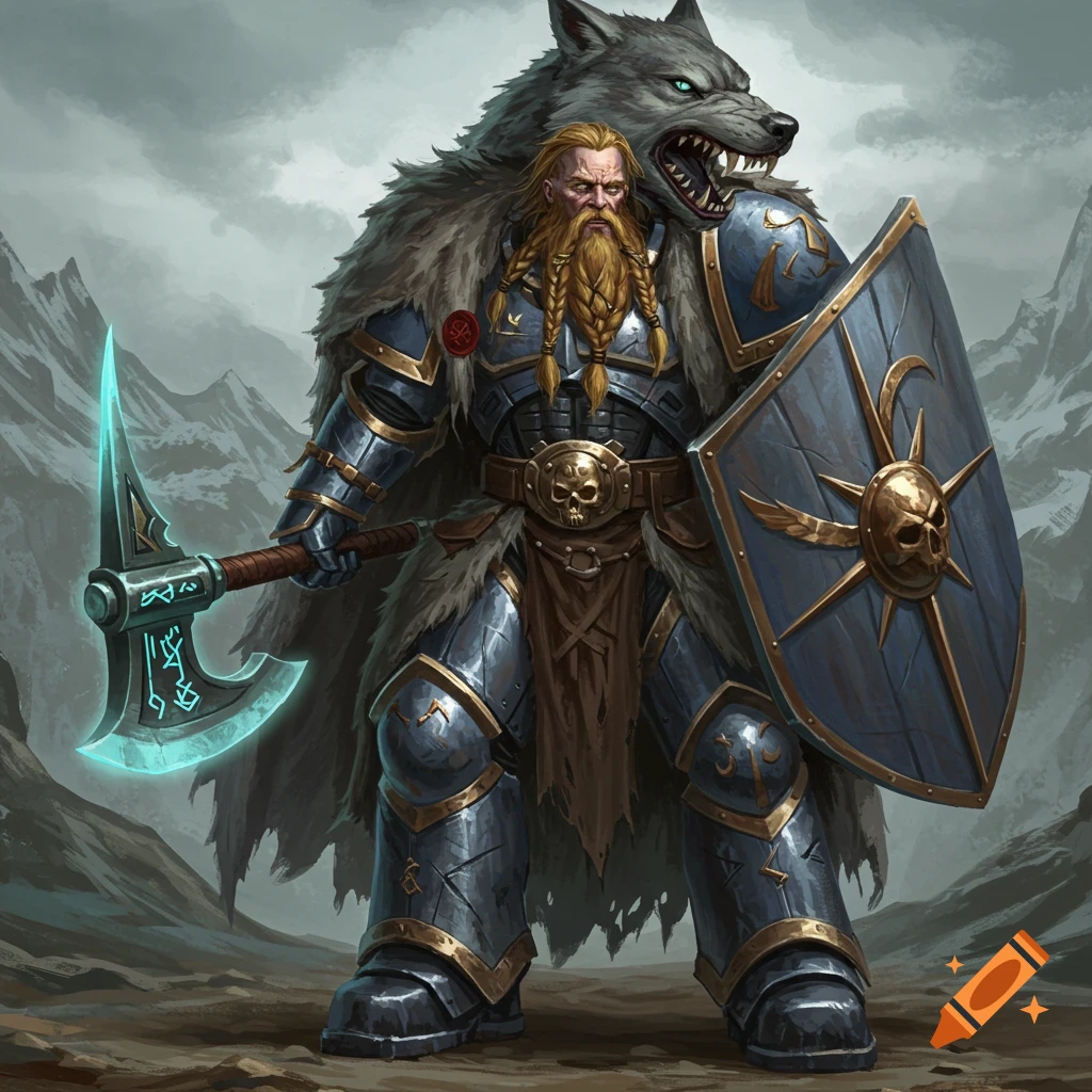 A Viking-themed warrior in blue armor with a braided beard stands with a large wolf. He holds a glowing axe and shield.