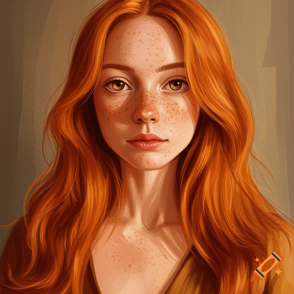Portrait of a young woman with long red hair and freckles