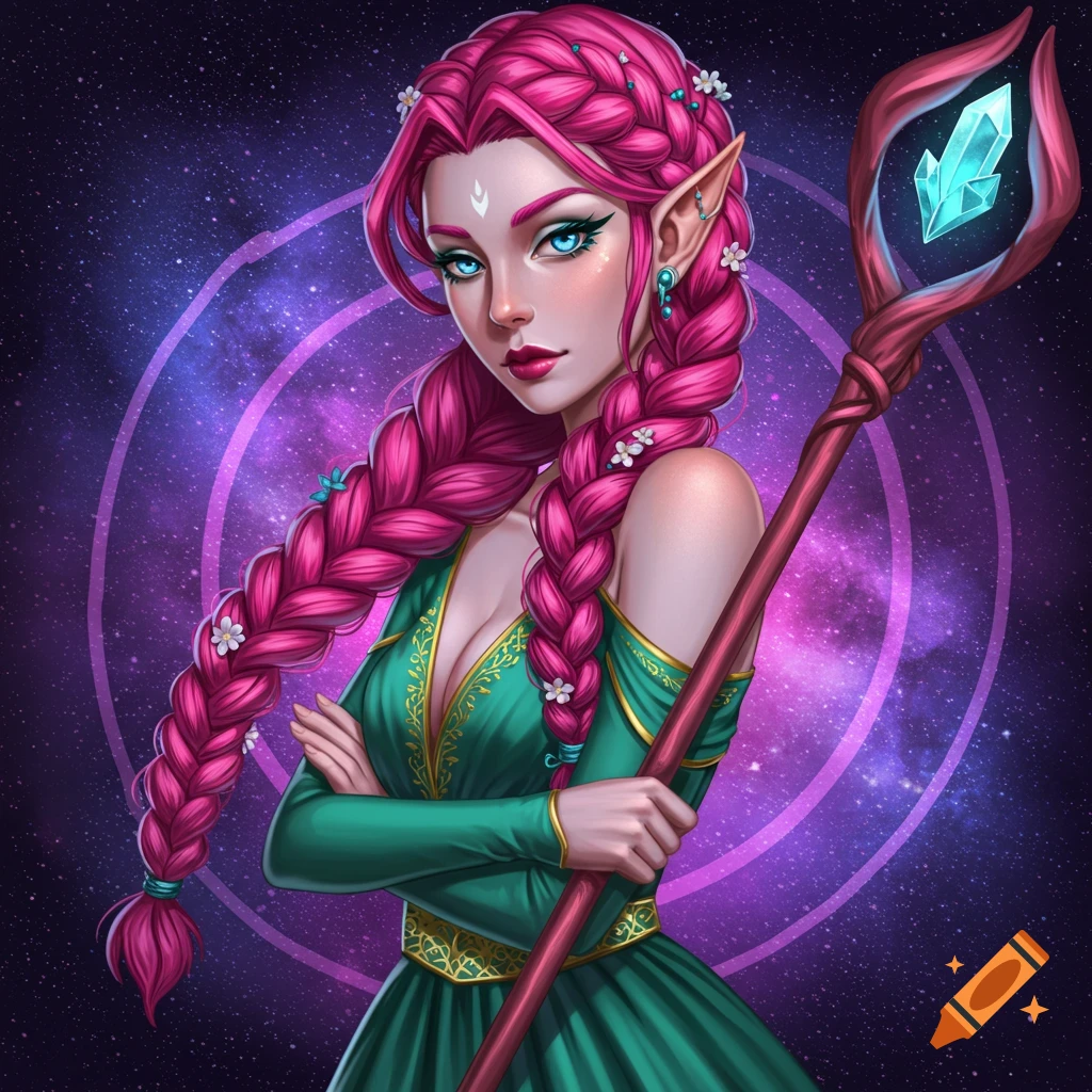 A pink-haired fantasy sorceress holds a glowing staff against a cosmic background.