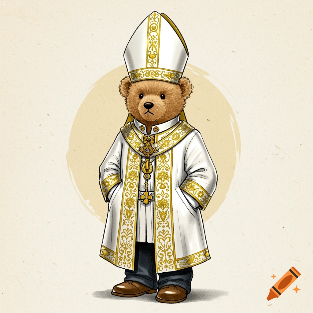 A teddy bear stands wearing white and gold ceremonial robes and a bishop's hat, in a fashion sketch style.