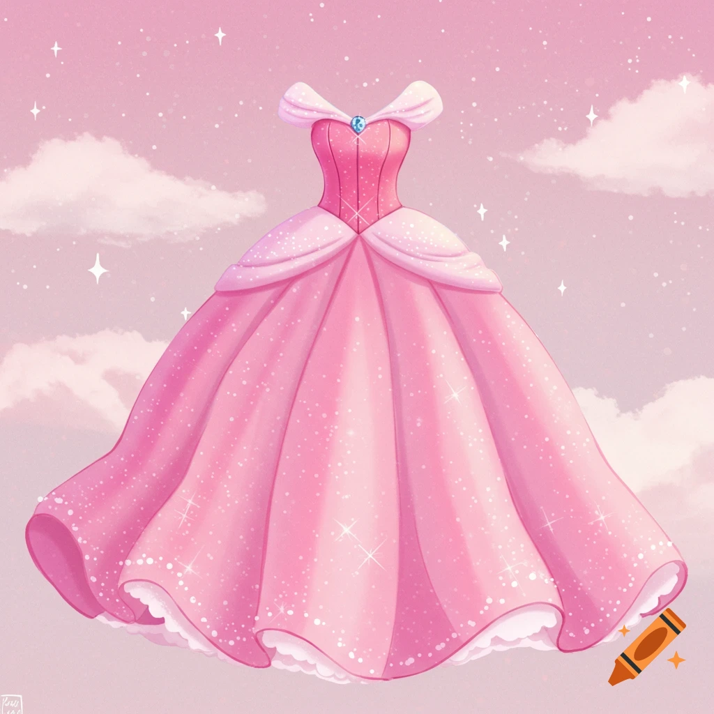 A sparkly pink princess gown against a pink cloudy sky.