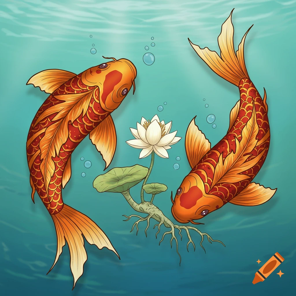 Two orange and red koi fish swim around a white lotus flower and root in a blue underwater scene, digital art.