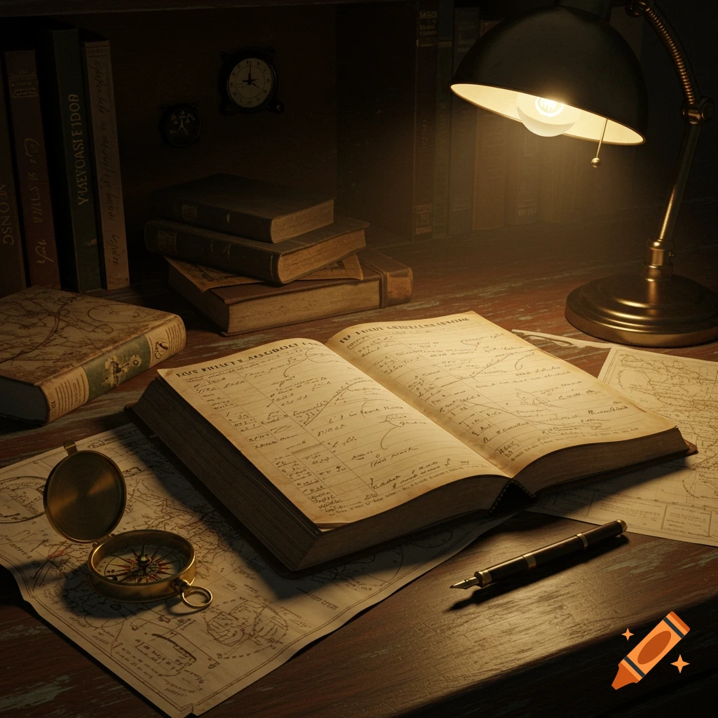 Open antique logbook on a desk with maps, compass, and lamp.
