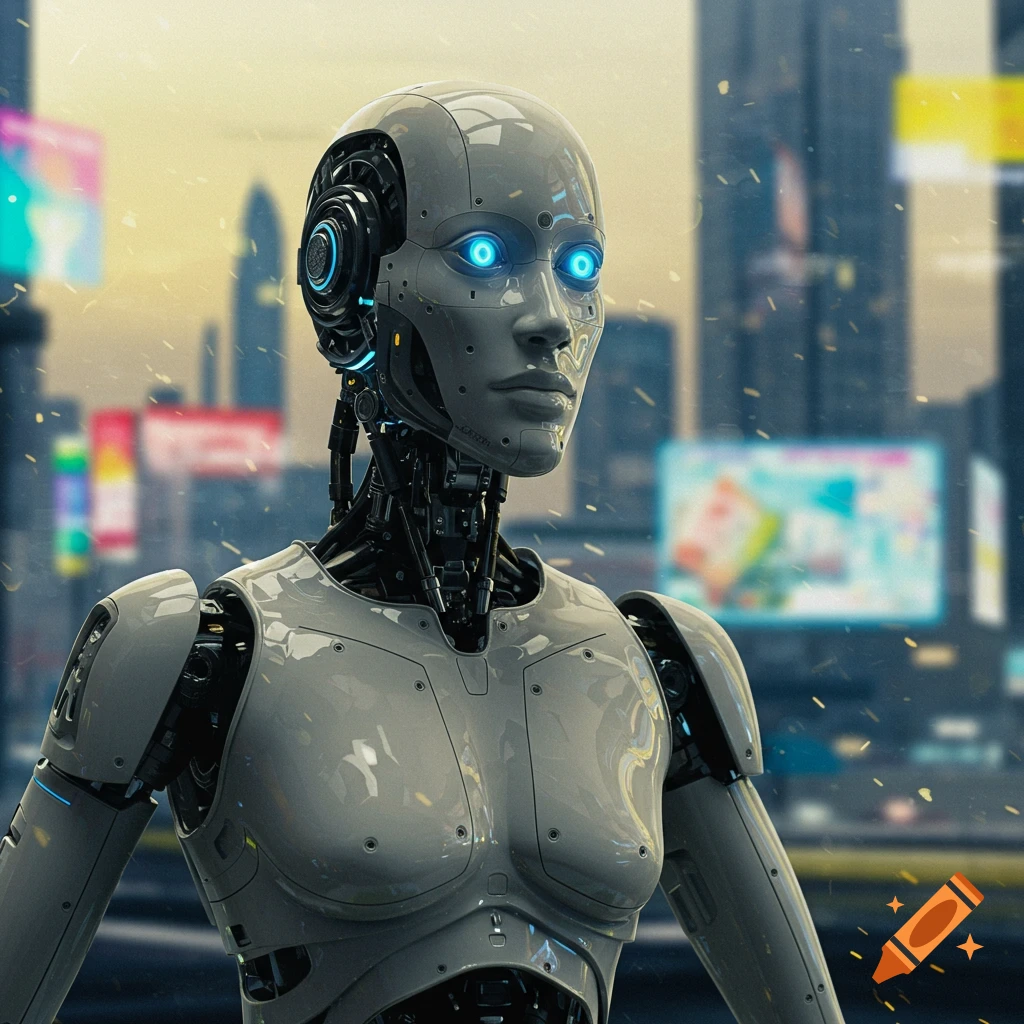 Close-up of a white robot with blue eyes in a futuristic city