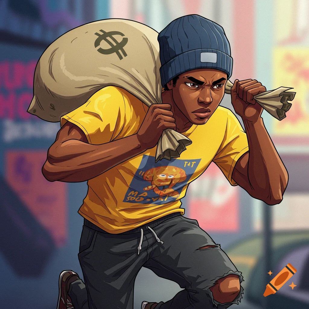 A person of color is running with a large bag of money over their shoulder, wearing a beanie.