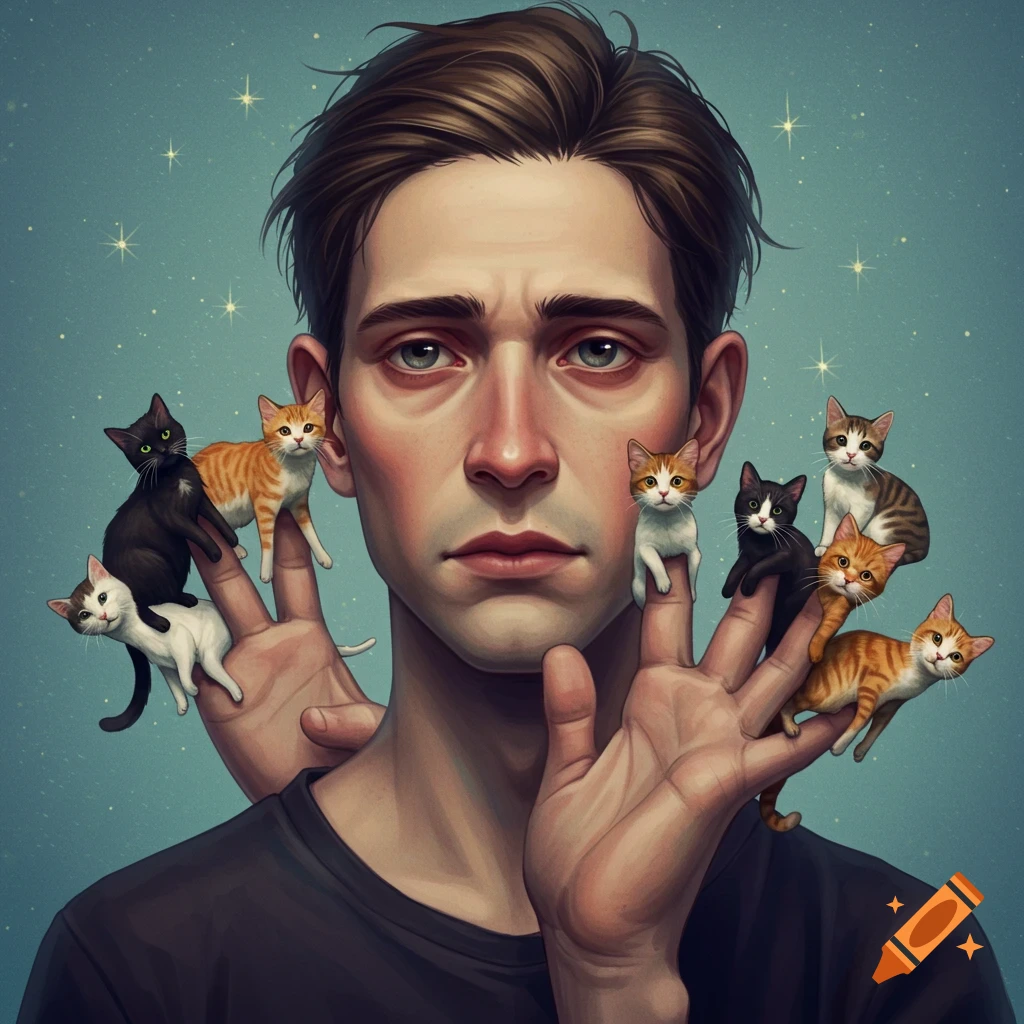 A man with small cats on his fingers.