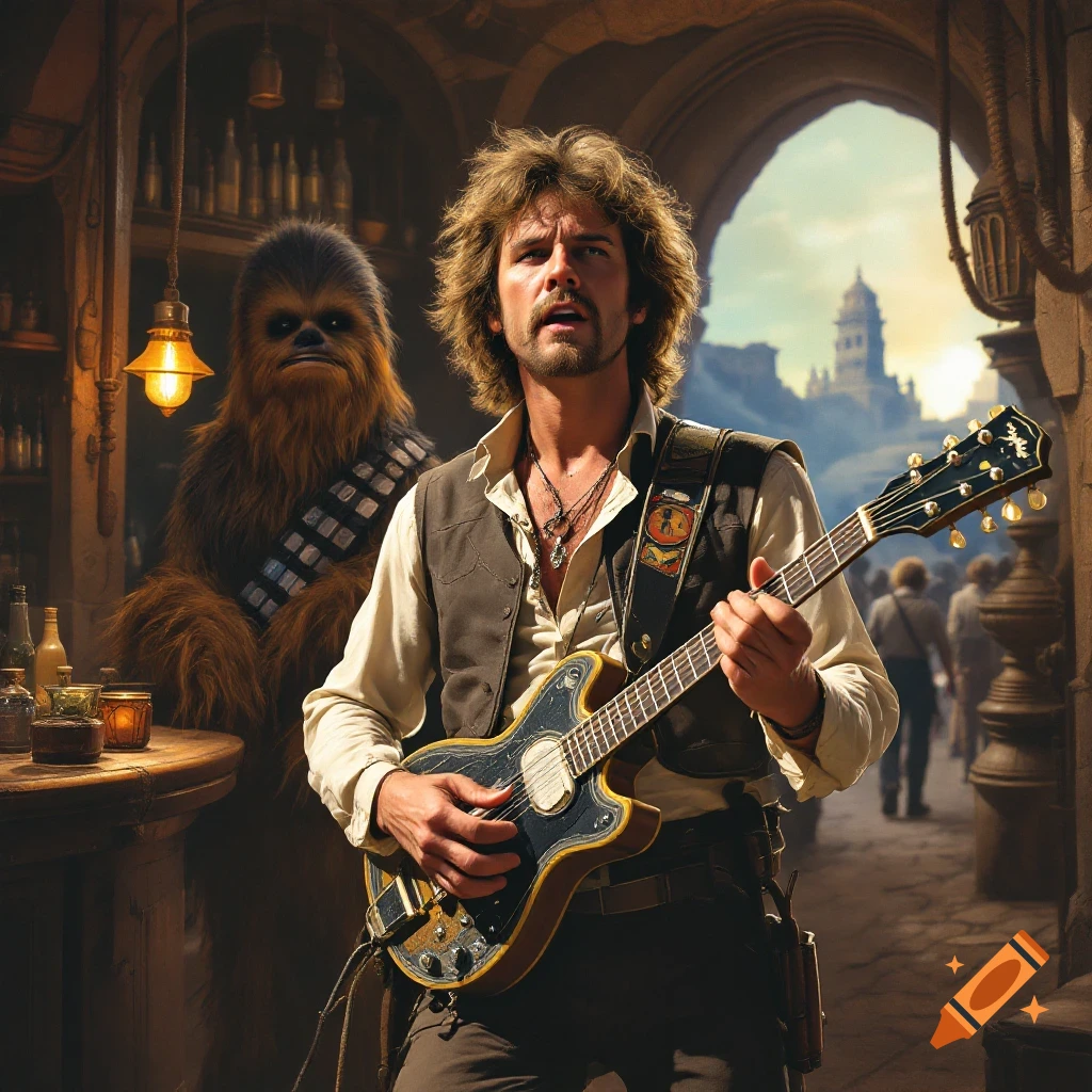 A man playing guitar with Chewbacca in a Star Wars cantina.