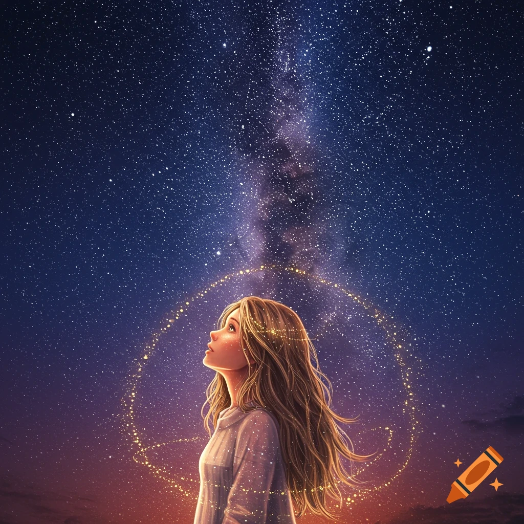 A young woman looks up at the Milky Way in the night sky.