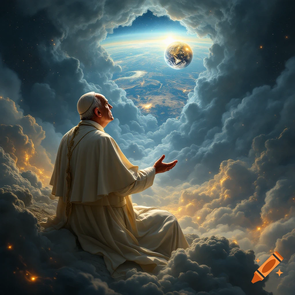 Pope Francis sits among clouds high above Earth, looking up at the planet.