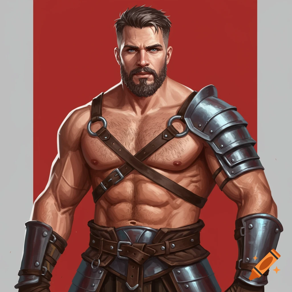 A muscular warrior with a beard wearing armor and straps