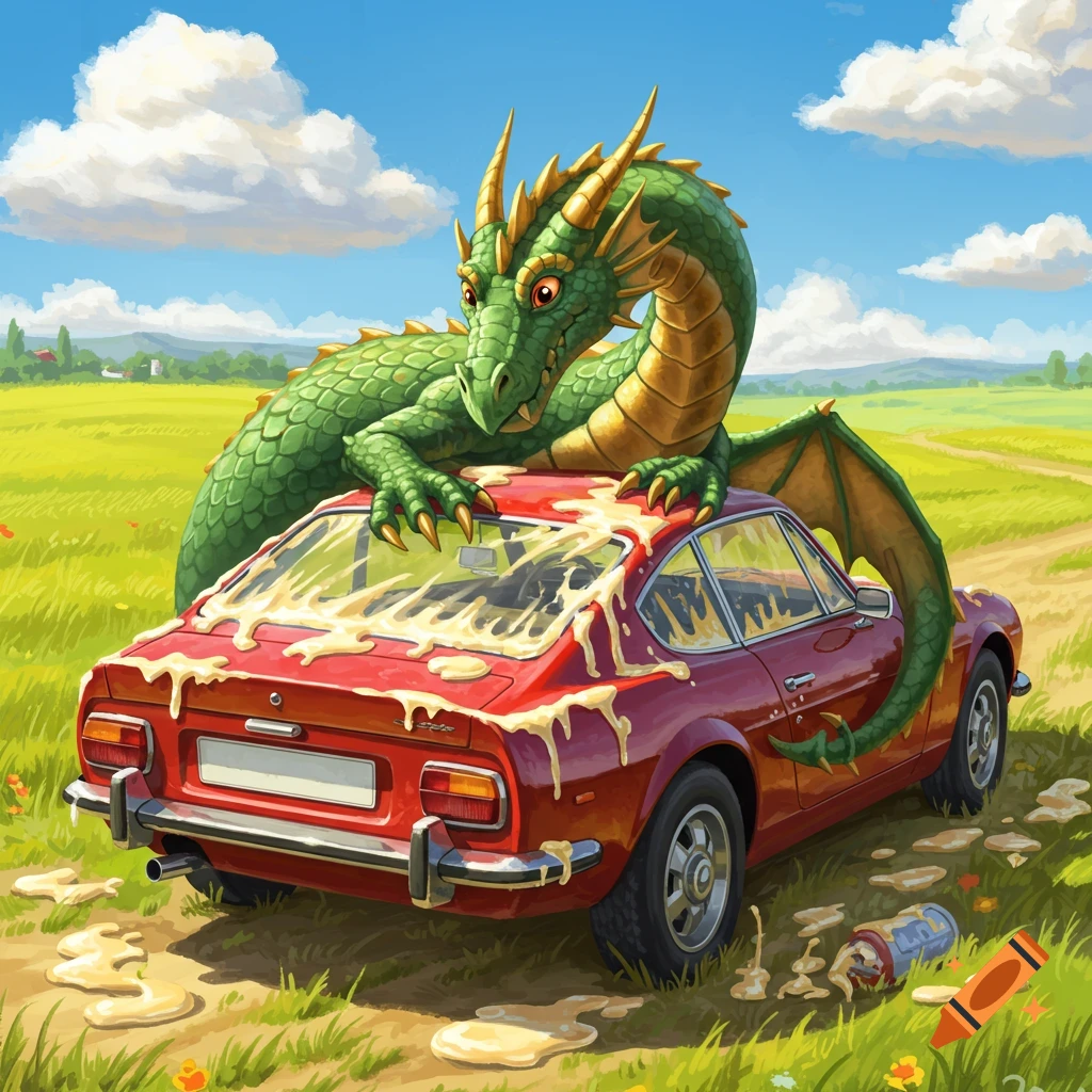 A green dragon hugging a red car, which is covered in a thick yellow substance, in a grassy field.