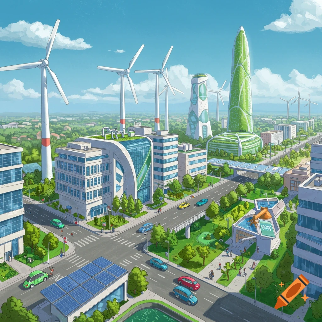 Illustrated future city with green buildings, wind turbines, solar panels, electric cars, and pedestrians.