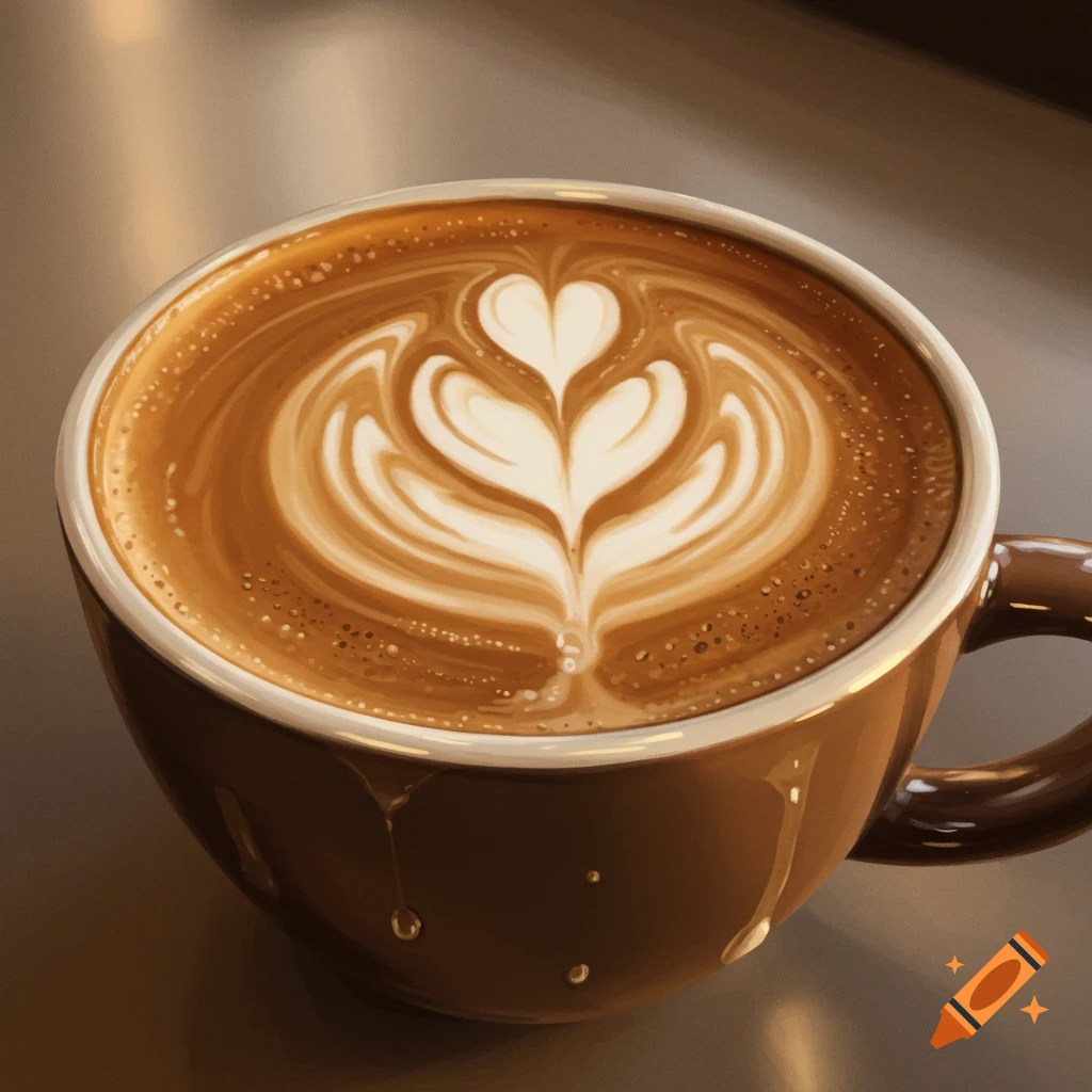 A latte in a brown cup with detailed latte art and drips on the side.