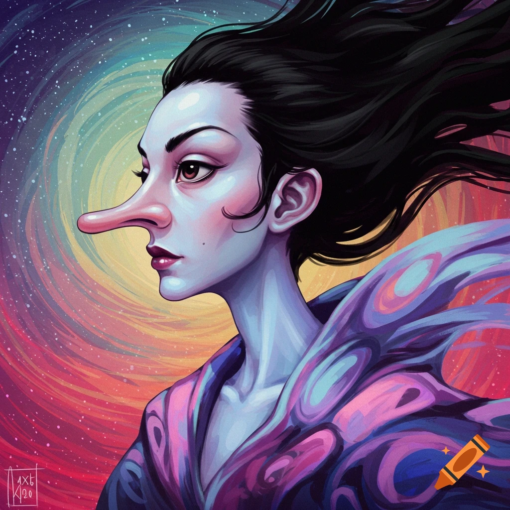 Stylized portrait of a woman with a long nose against a colorful swirling background.