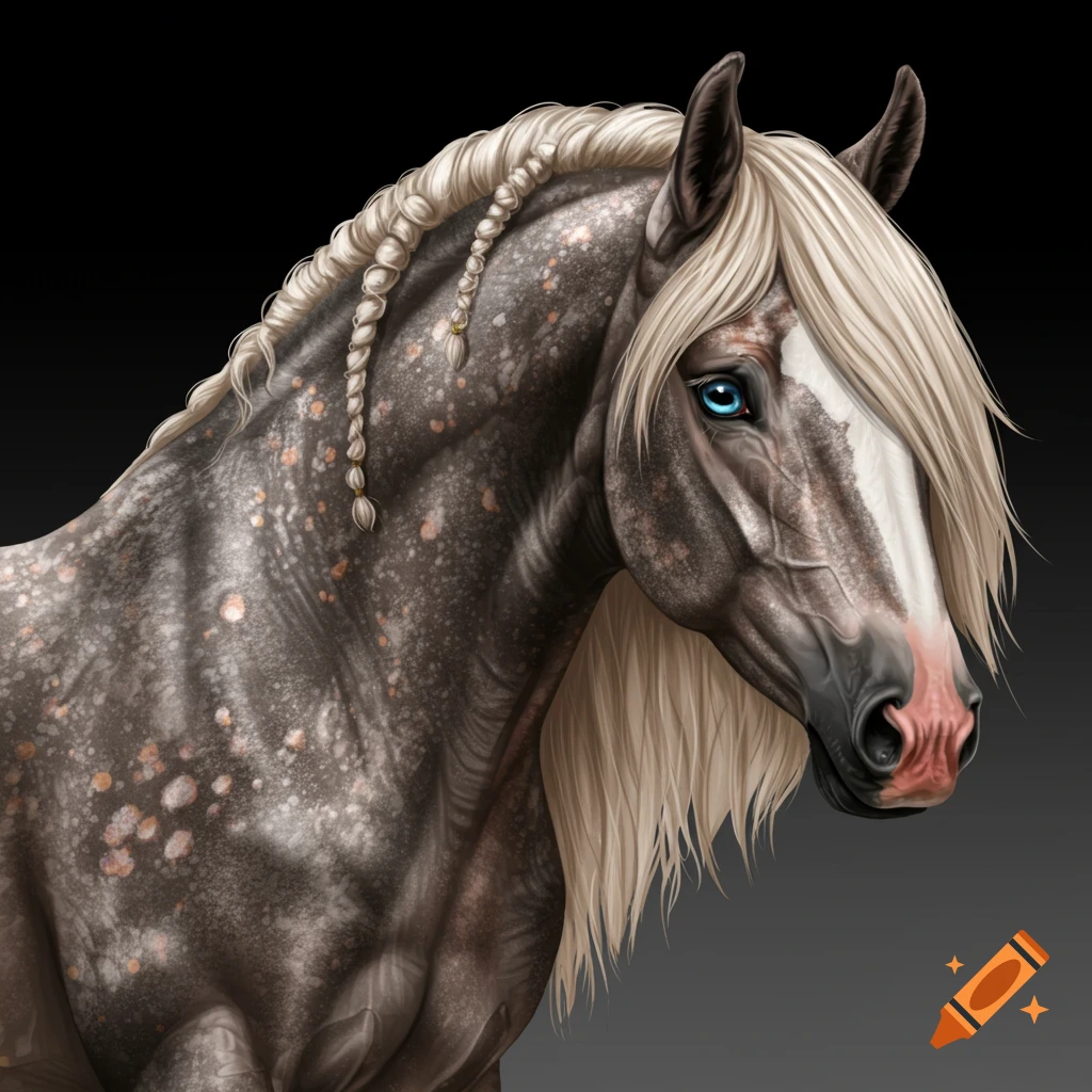 Spotted grey horse with a braided white mane and blue eyes