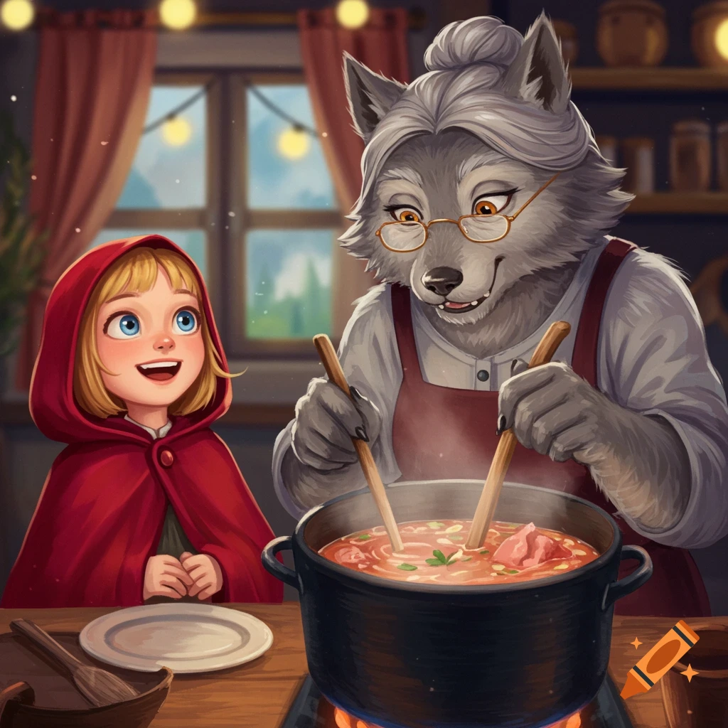 Girl in red cloak and grandma werewolf cooking soup in a cozy kitchen. Whimsical art.