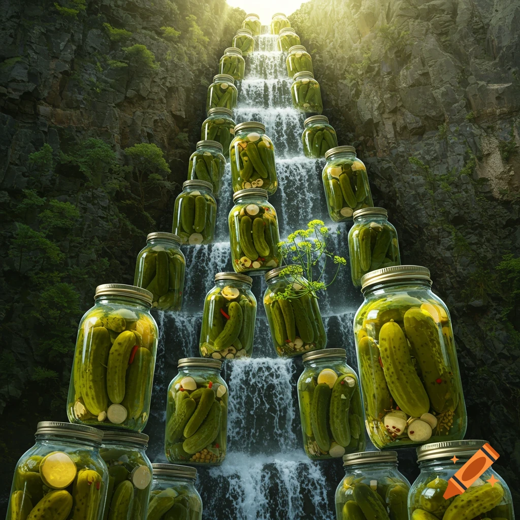 A waterfall made of many glass jars filled with pickles and brine.