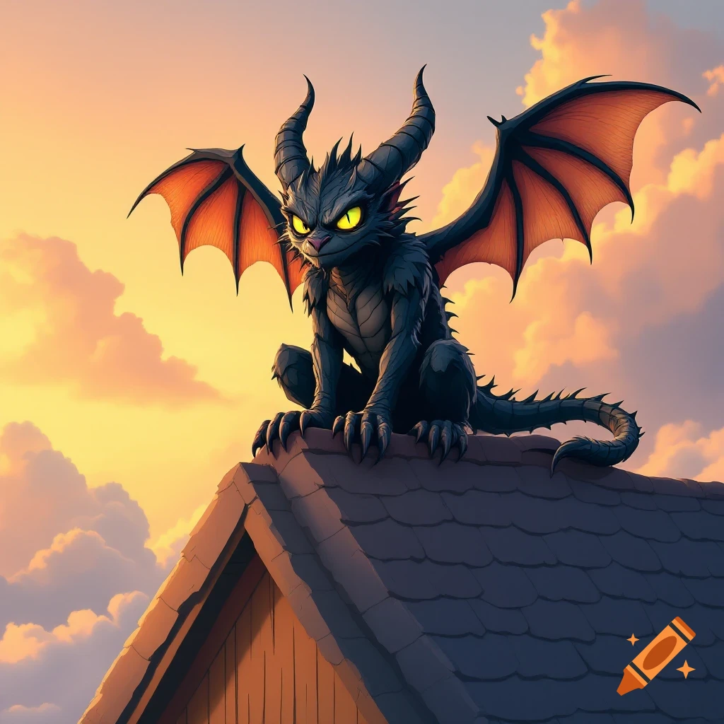 Cartoon gargoyle with red wings perched on a house roof at sunset.