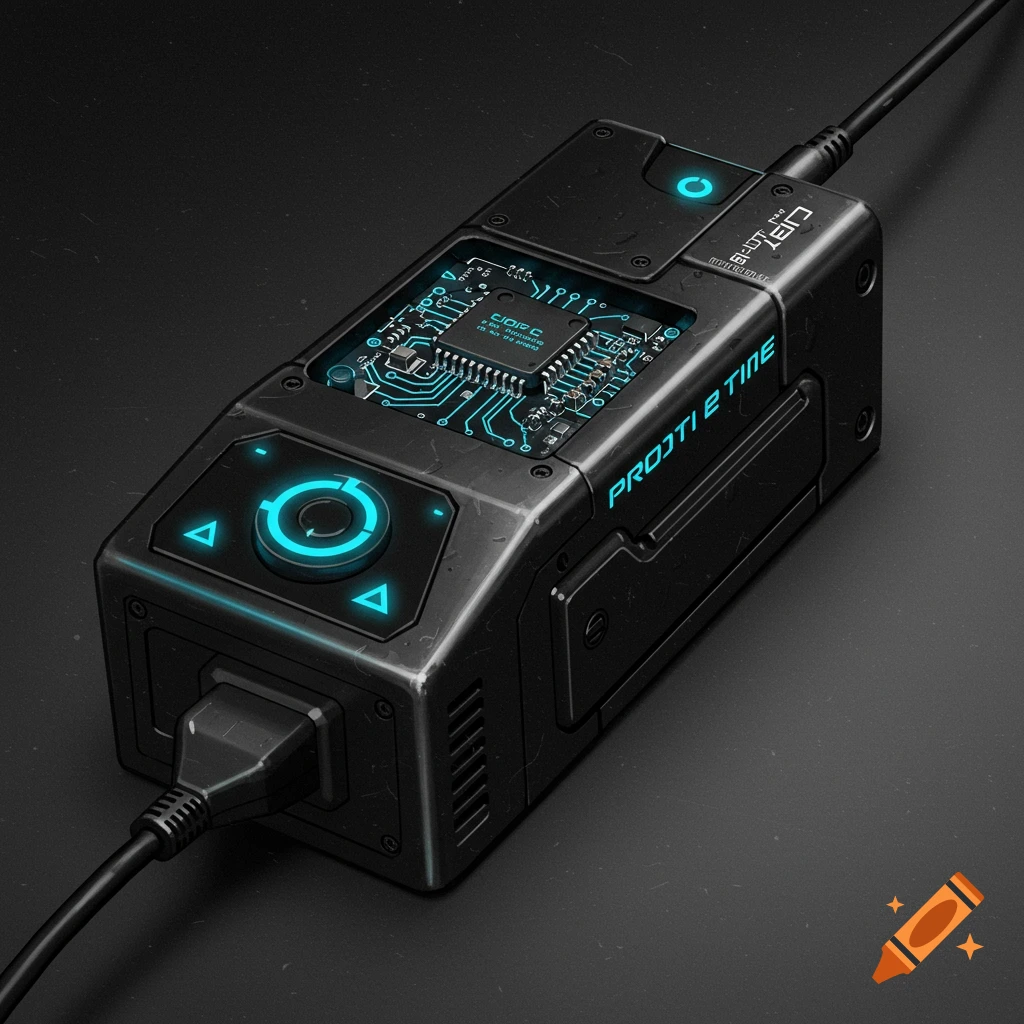 Close-up of a dark futuristic electronic device with glowing blue details and cables