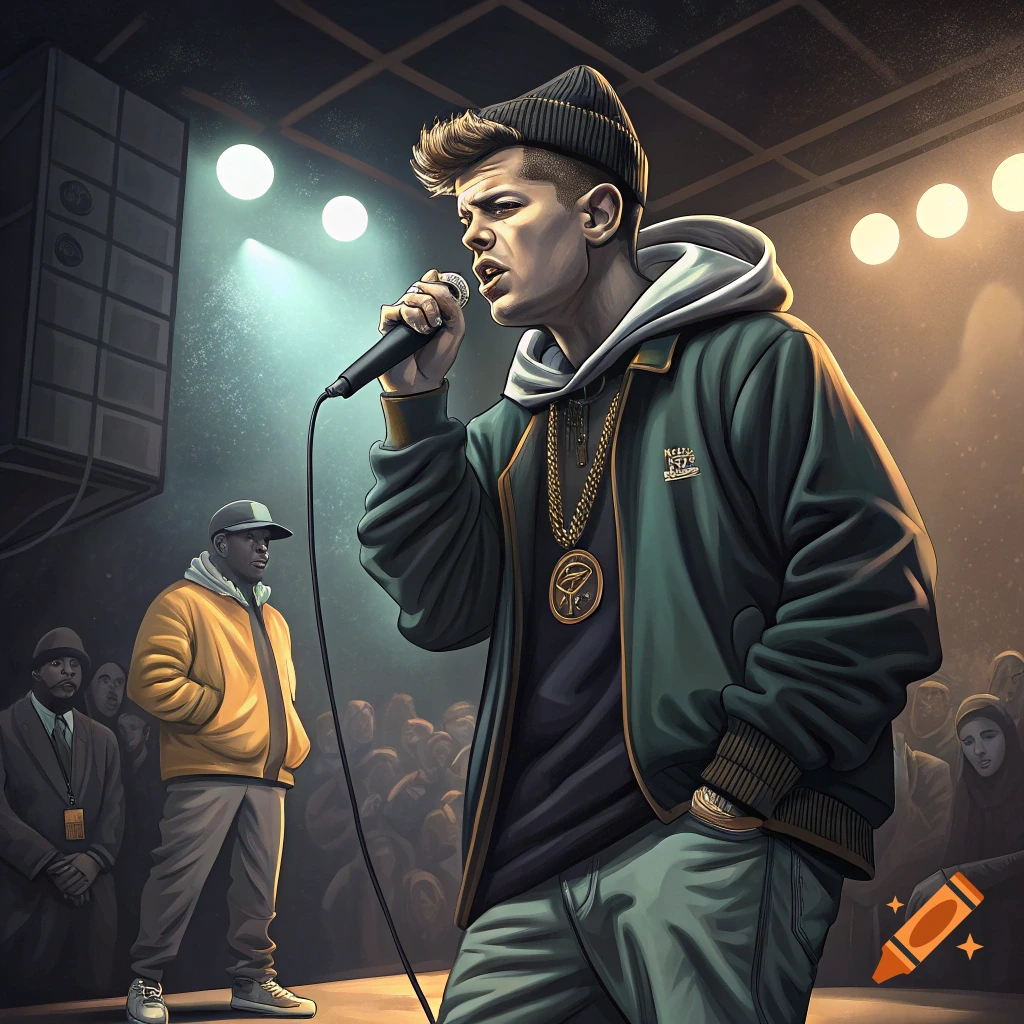 A young man rapping into a microphone on a stage, with a crowd watching.