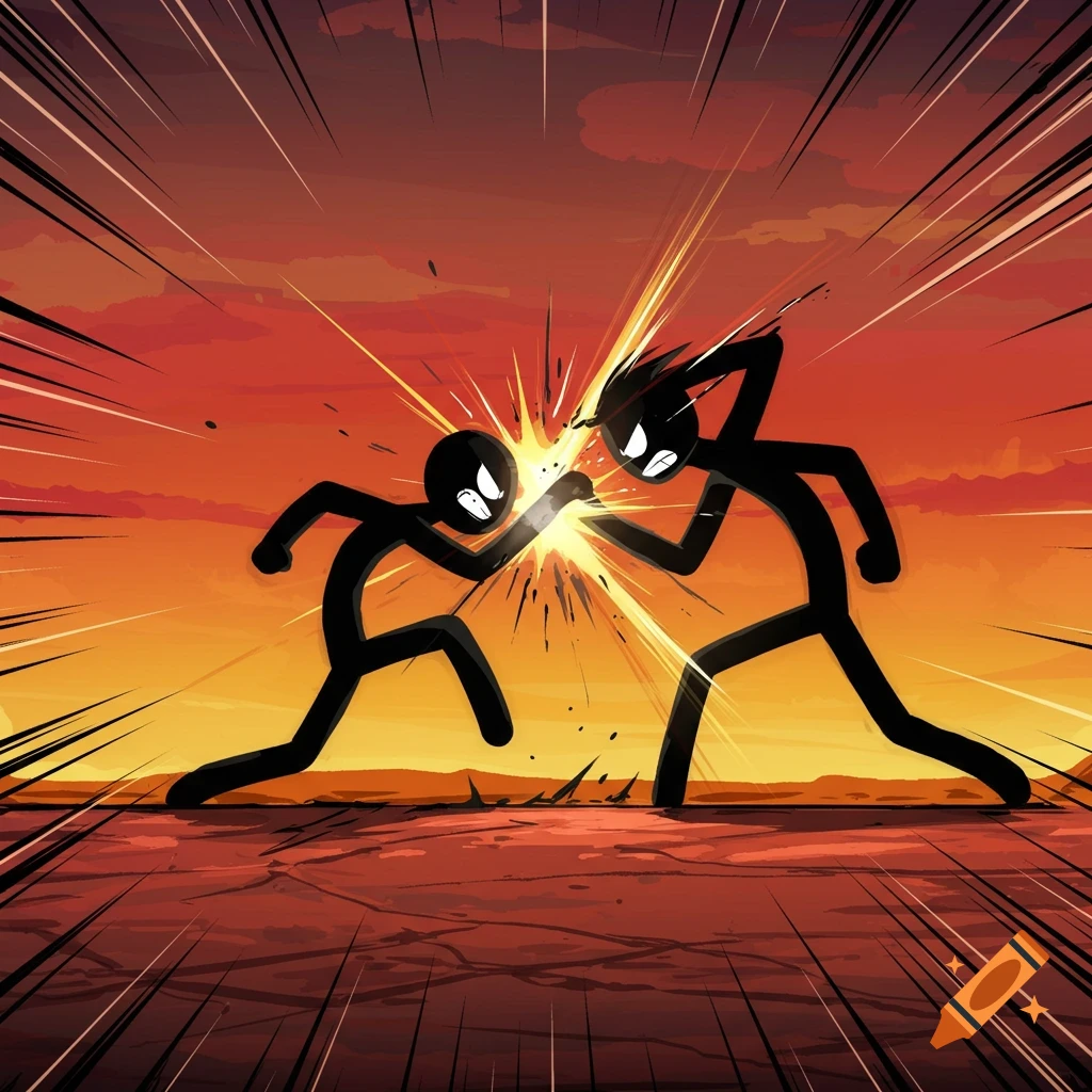 Two cartoon stick figures fight with an epic punch effect against a sunset background.