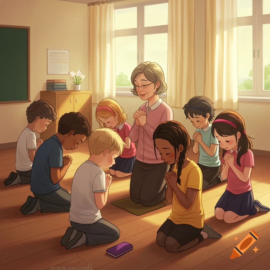 A teacher and diverse students kneeling in prayer in a classroom.