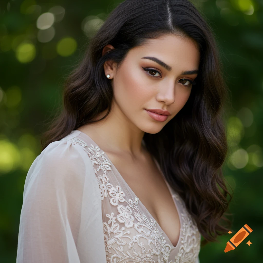 A photorealistic portrait of a woman with long dark hair wearing a pale lace dress.