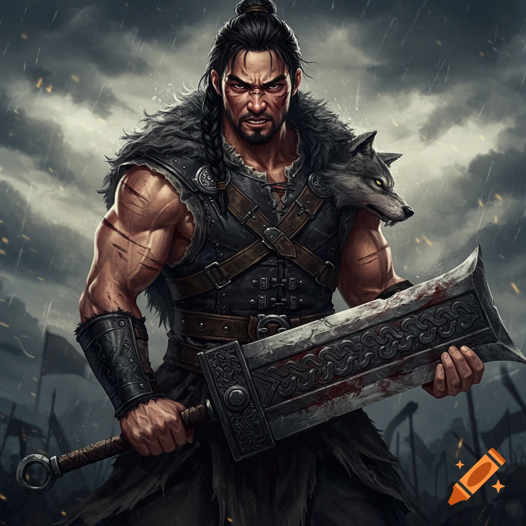Fierce fantasy warrior with wolf pelt on shoulder holding a bloody greatsword in a rainy battle scene