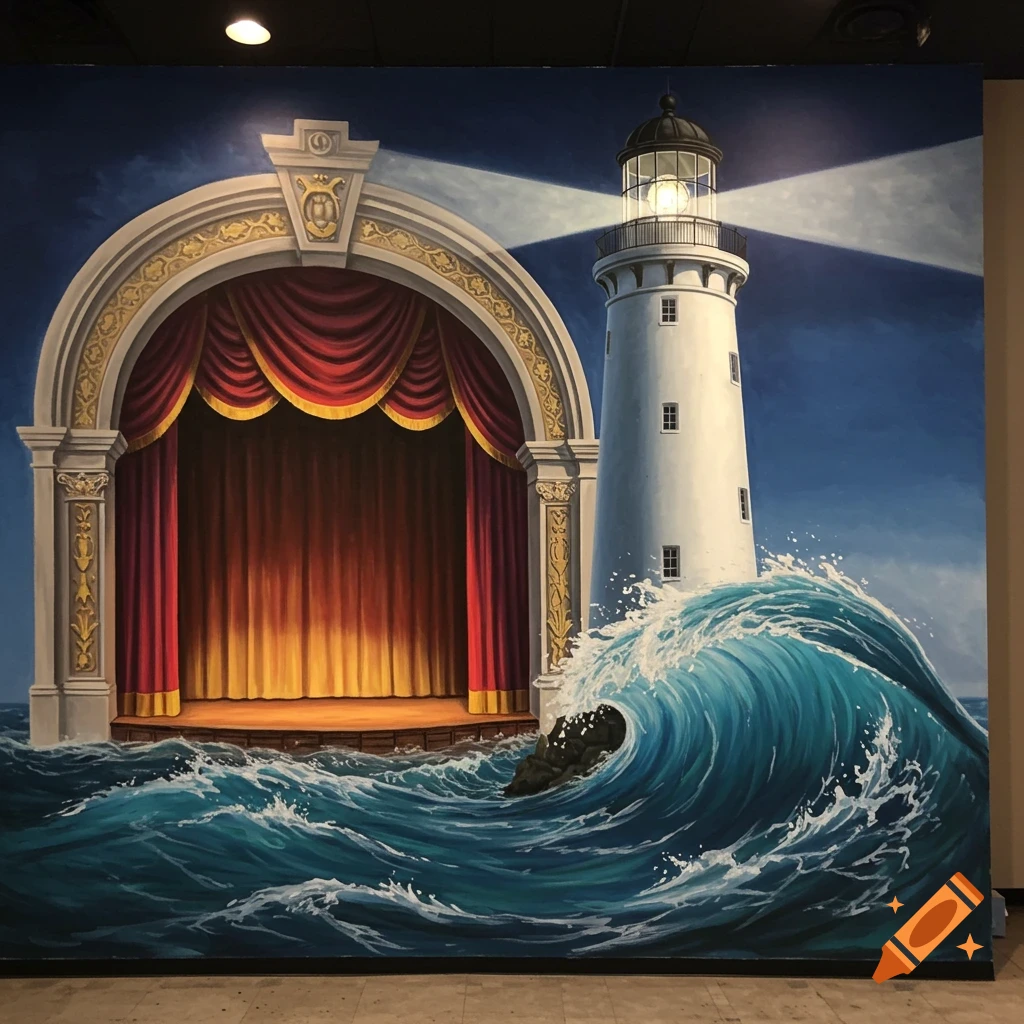 Mural combining a theatre stage with red curtains and a lighthouse on rocks by the sea with waves.