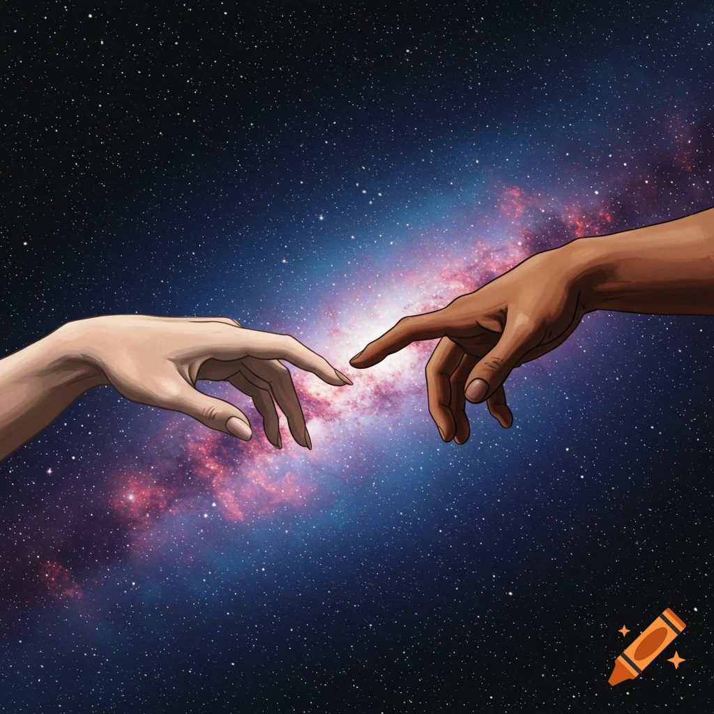 Two hands, one light-skinned and one dark-skinned, reaching towards each other against a starry galaxy background.