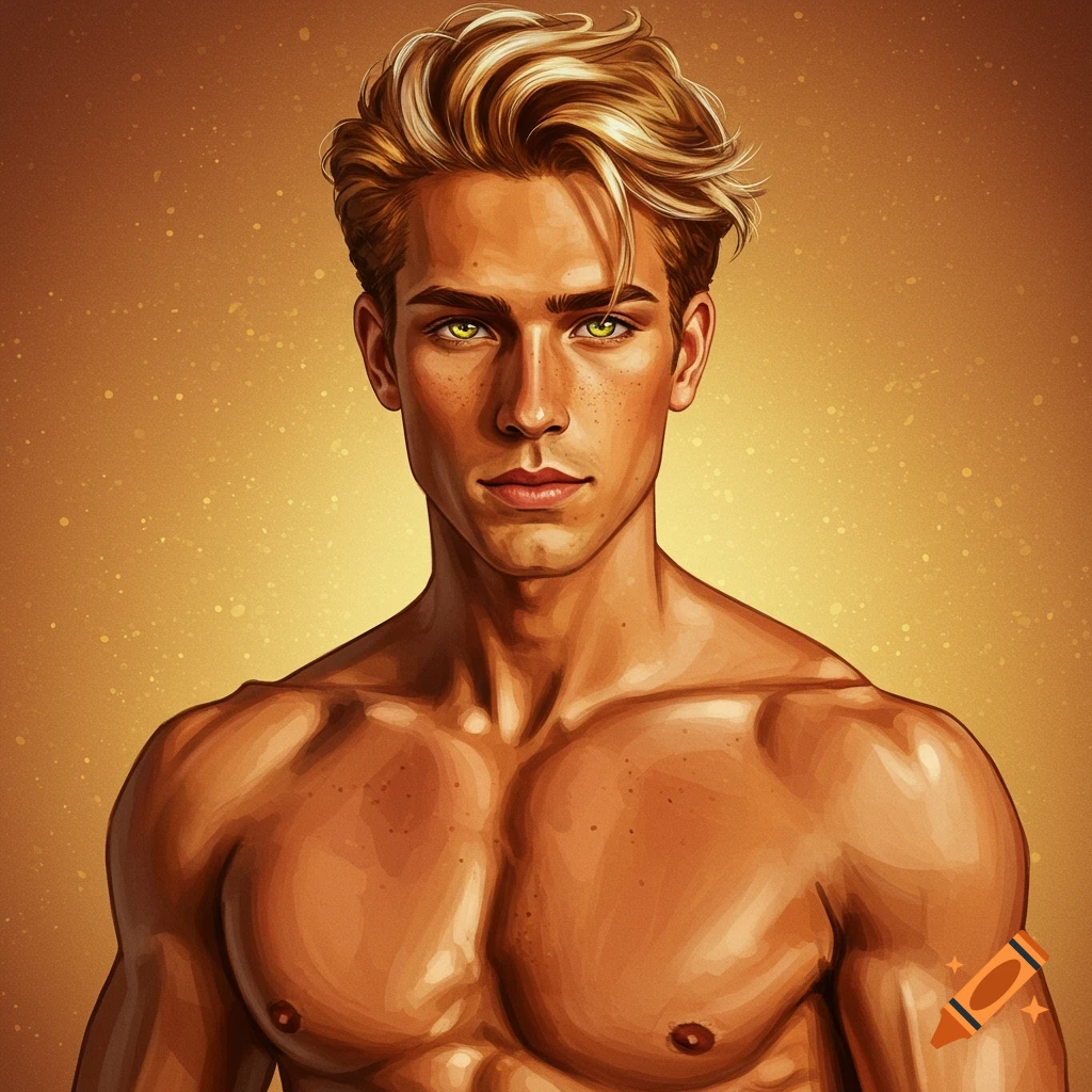 A muscular man with blonde hair and green eyes stands on a gold background.