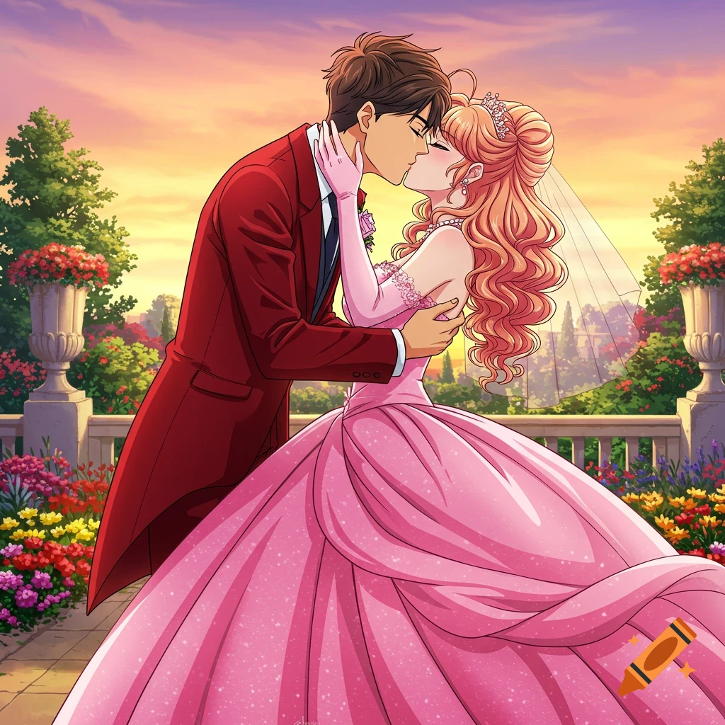 Anime wedding couple kisses outdoors at sunset. on Craiyon, image size:1024x1024