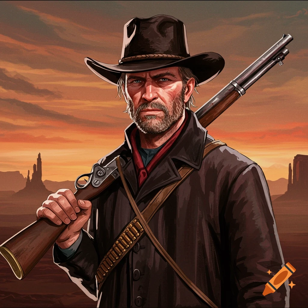 A cowboy man with a rifle over his shoulder stands at sunset in a desert landscape.
