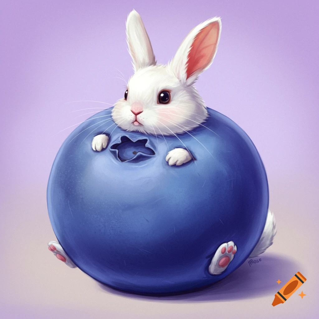 A cute white bunny peeking out of a giant blueberry