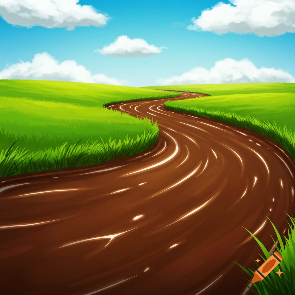 A winding brown river flows through a green field under a cloudy blue sky.