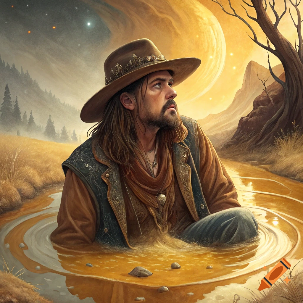 Surreal image of a man resembling Billy Ray Cyrus sitting in a golden puddle in a landscape with a large planet in the sky.
