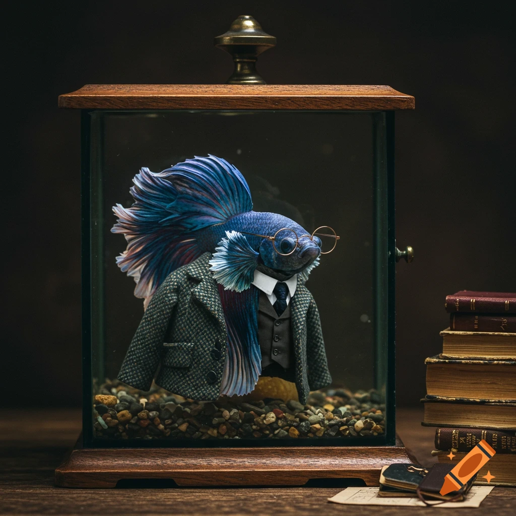 Photorealistic image of a betta fish wearing a tweed jacket, tie, and glasses, in a tank like an English Professor.