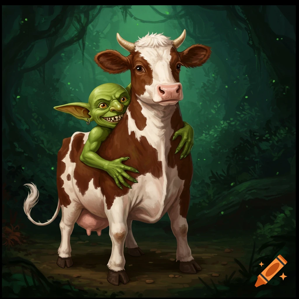 A green goblin hugging a cow in a forest.