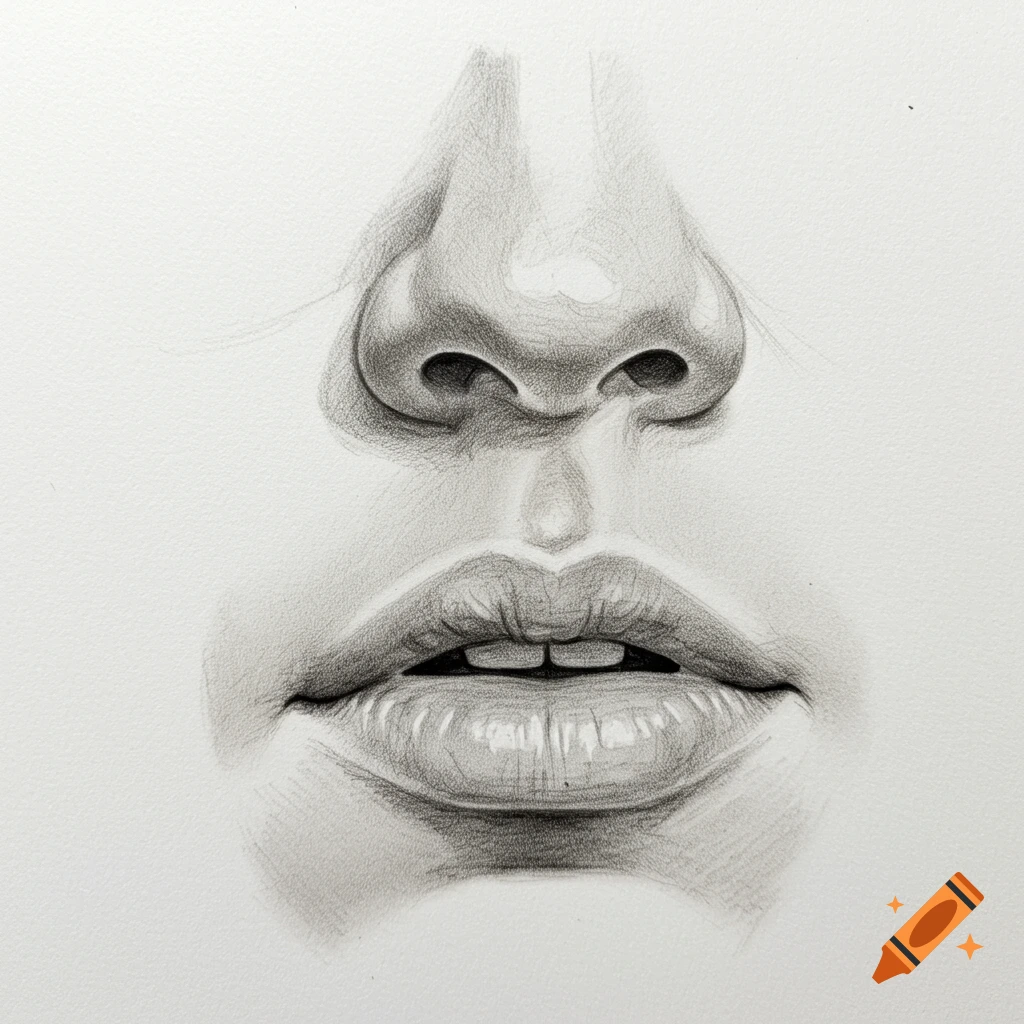 Pencil drawing of a human nose and mouth.