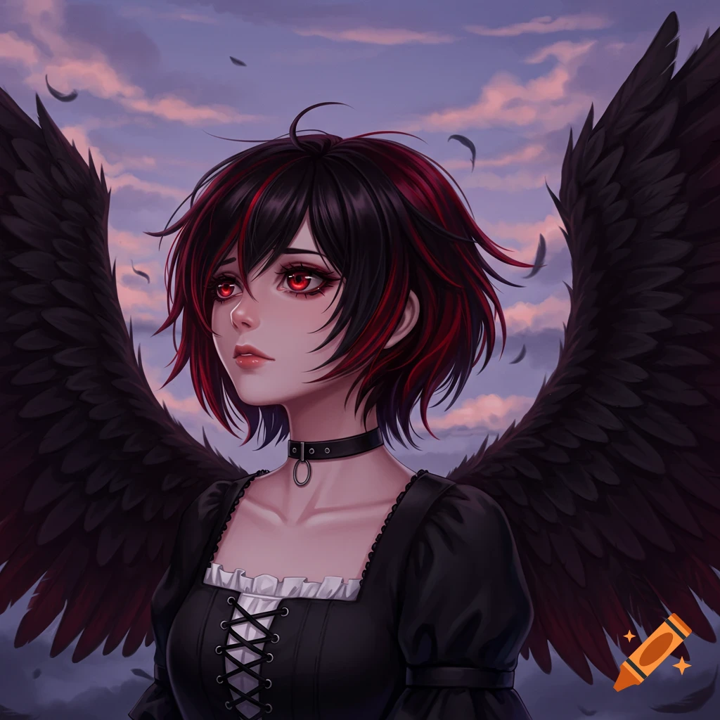 An emo anime girl with black wings, short black and red hair, and ruby red eyes looks upwards against a cloudy sky.