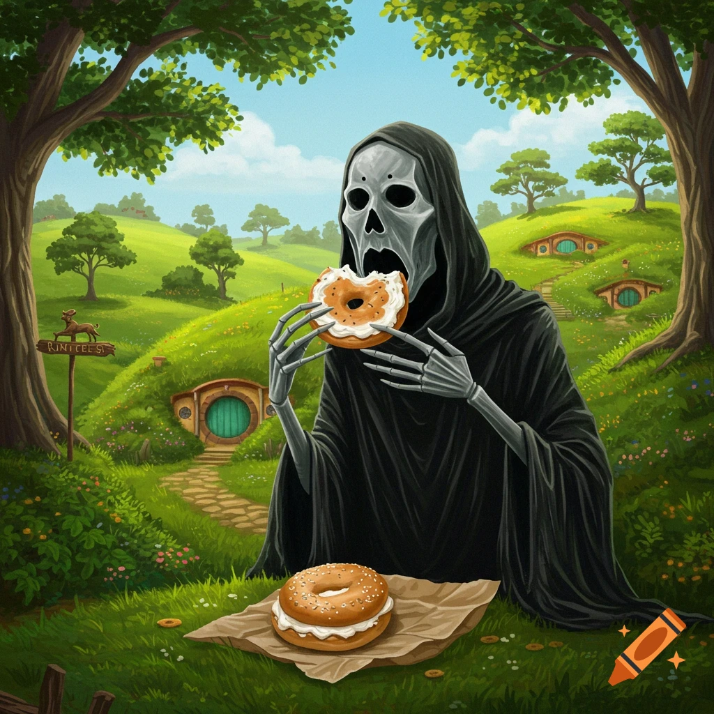 A skeletal figure in a black robe eating a bagel with cream cheese in a hilly fantasy landscape with hobbit holes.