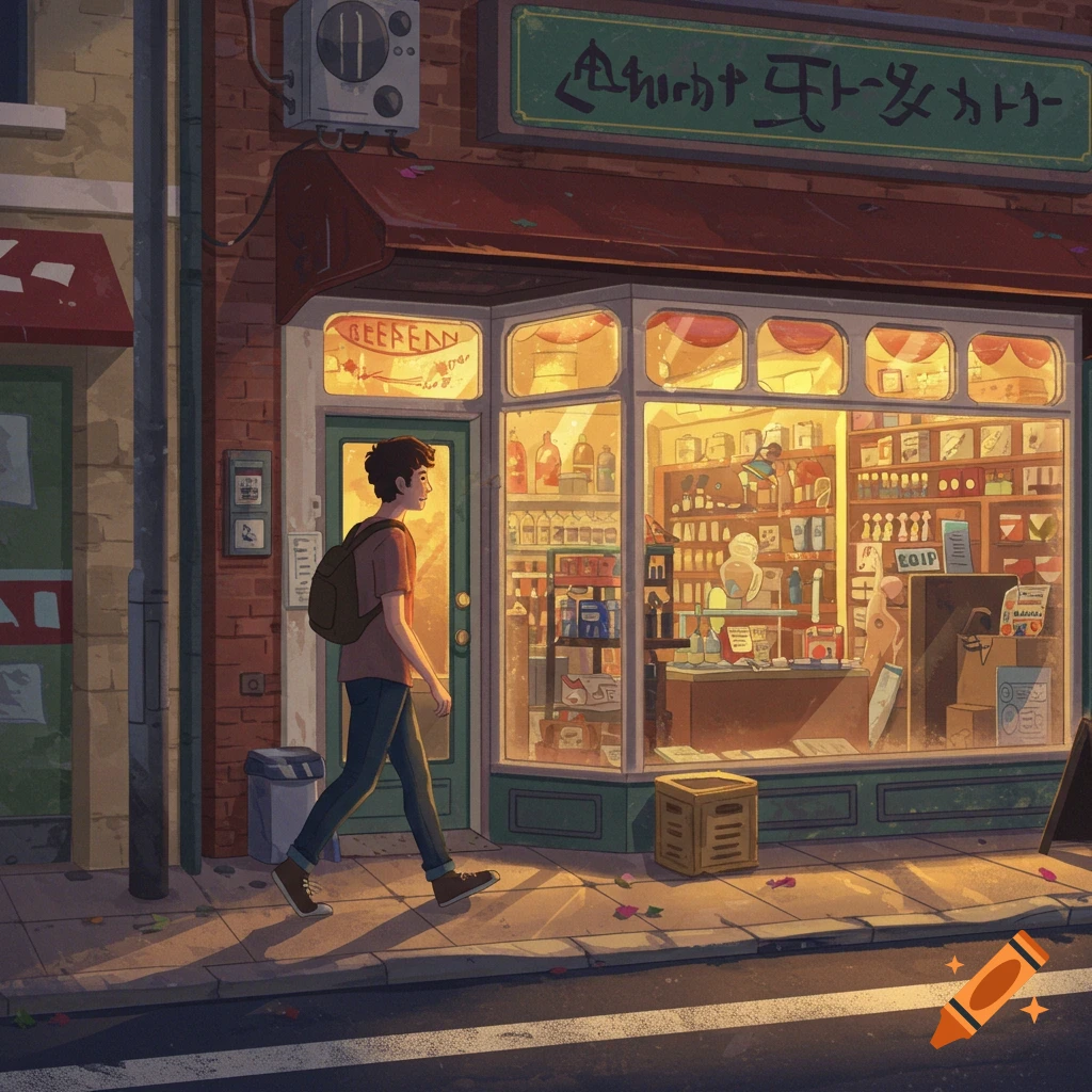 A person walks past a store on a street at dusk.