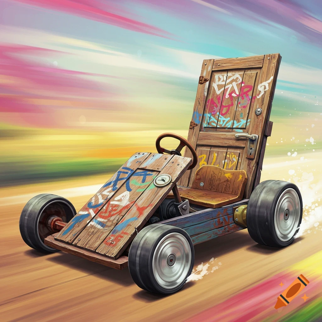 A go-kart made from a graffiti-covered door is speeding with a colorful motion-blurred background.
