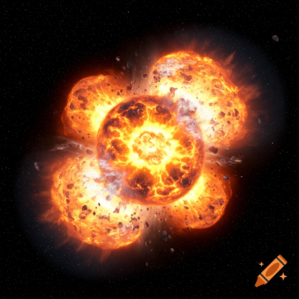 A large fiery explosion in space with surrounding smaller blasts and debris.