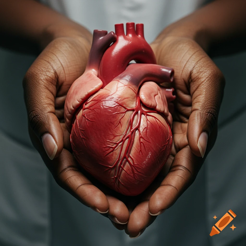 Hands holding a realistic human heart model, close-up, photorealistic style.