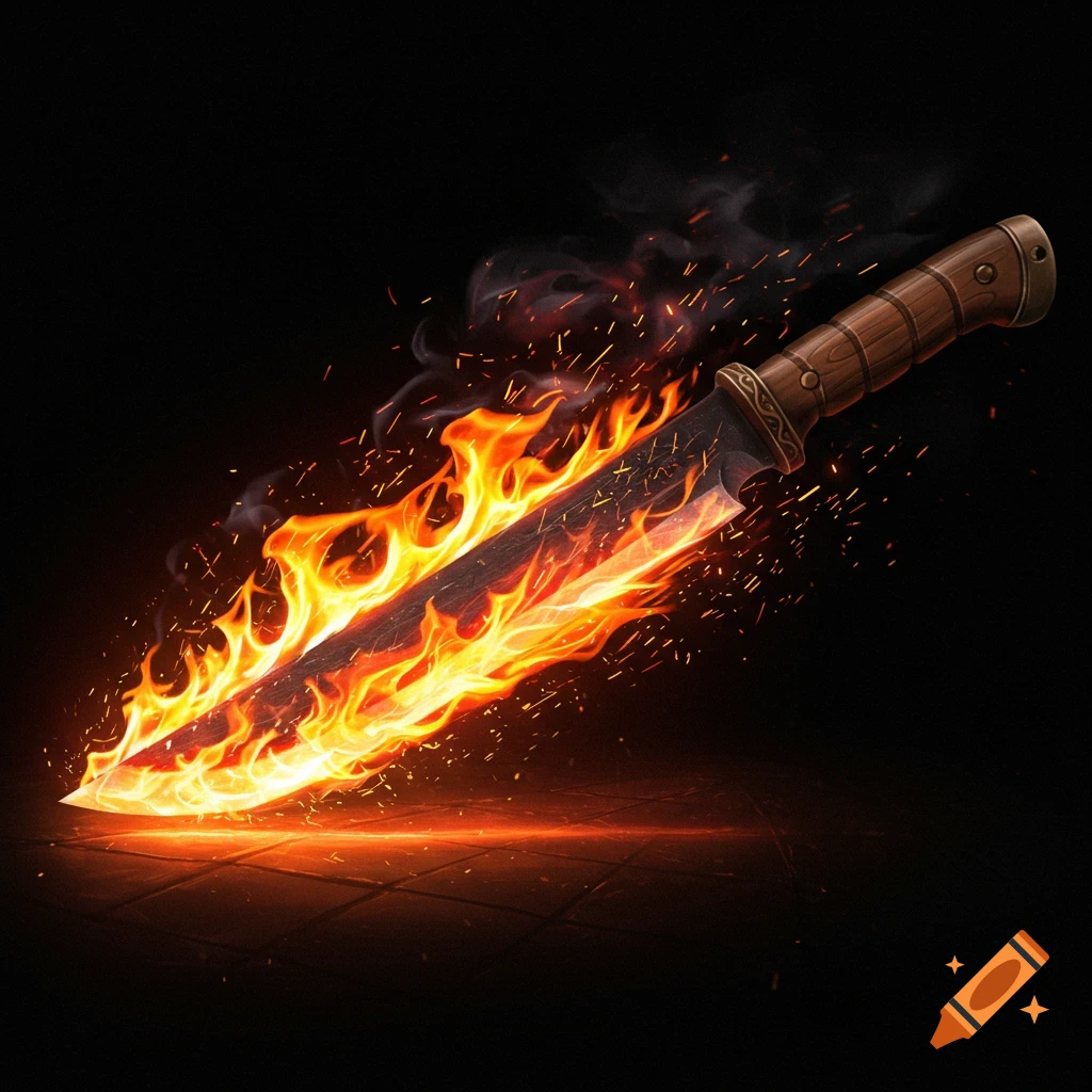 A flaming machete against a dark background, with sparks and smoke.
