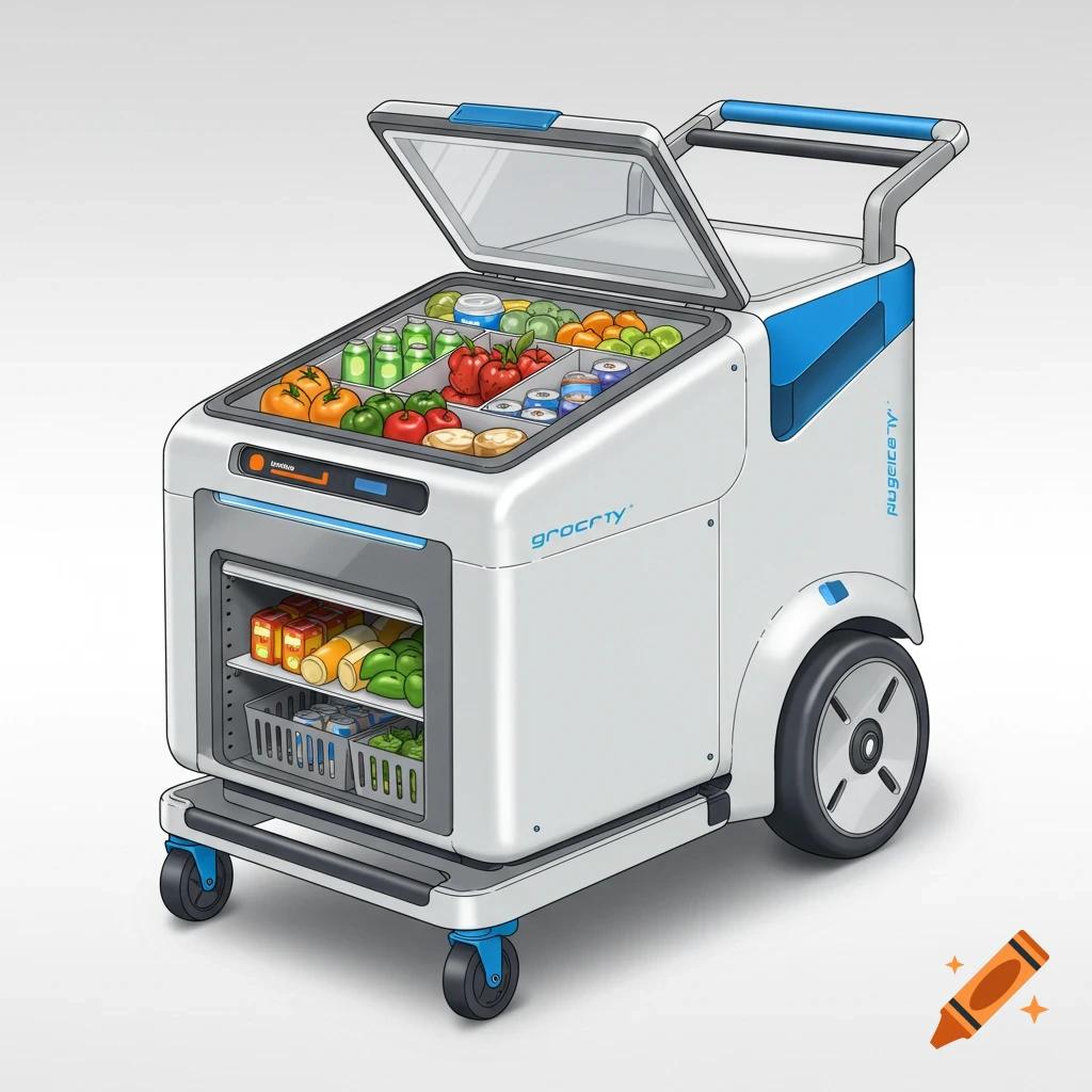Shopping cart with cooler and grocery compartments on Craiyon