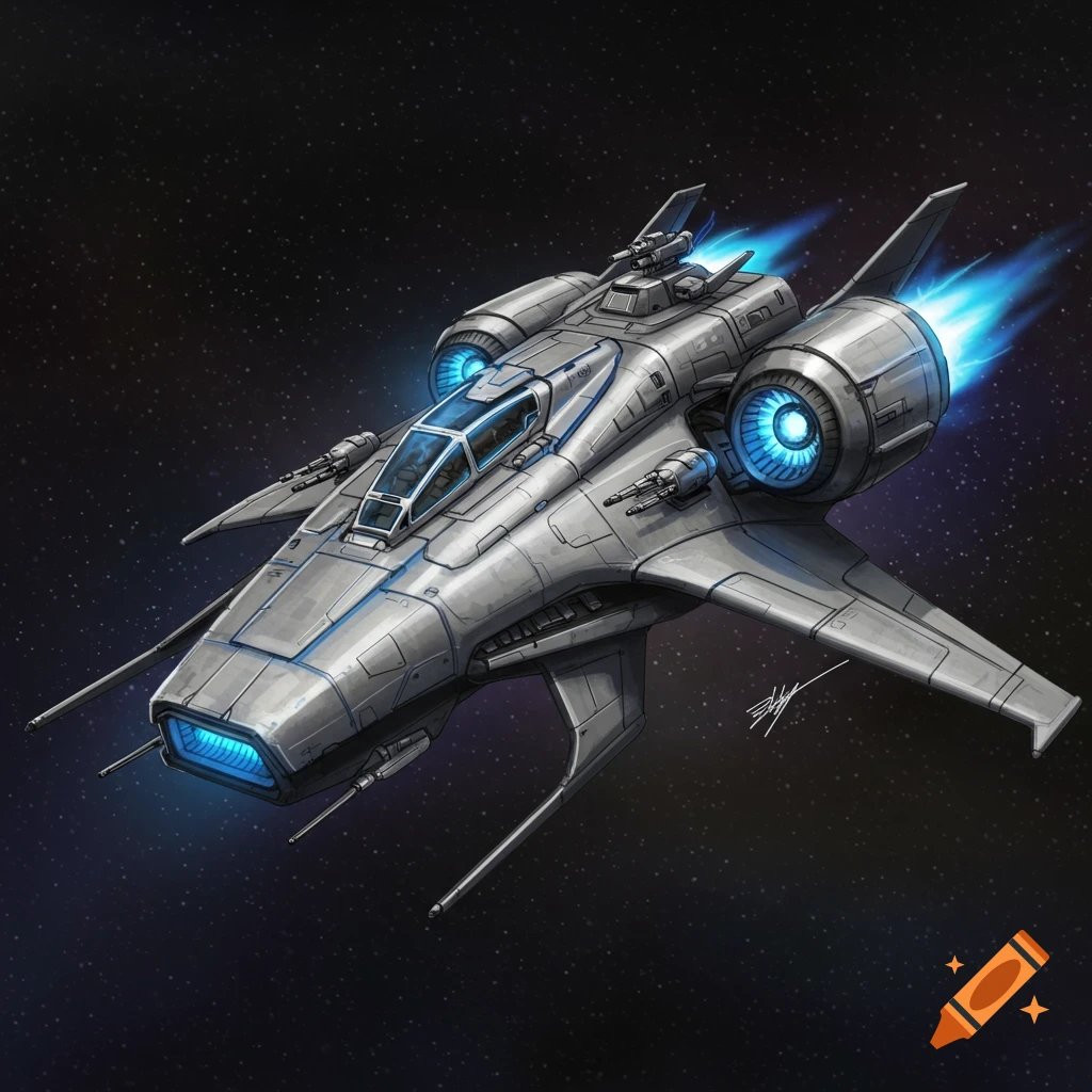 A detailed silver spaceship with glowing blue engines flying through starry space.
