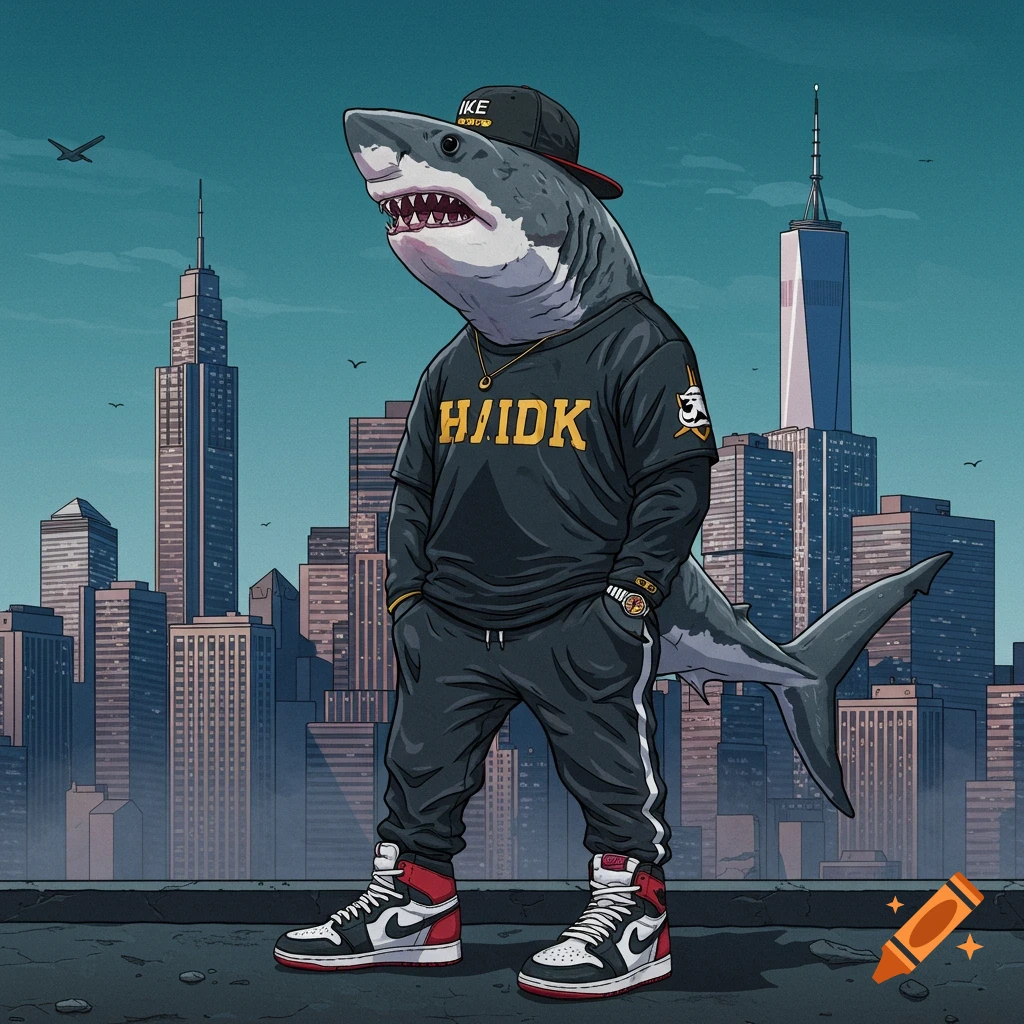 A cartoon shark wearing a cap, sweatshirt, pants, and sneakers stands in a city landscape, digital art style.