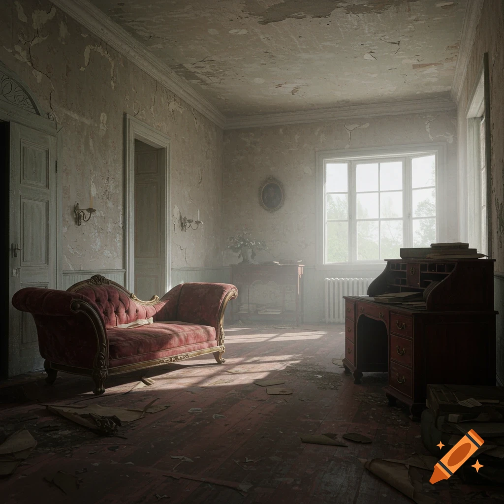 A ruined antique interior room with a red chaise lounge, desk, and scattered papers.